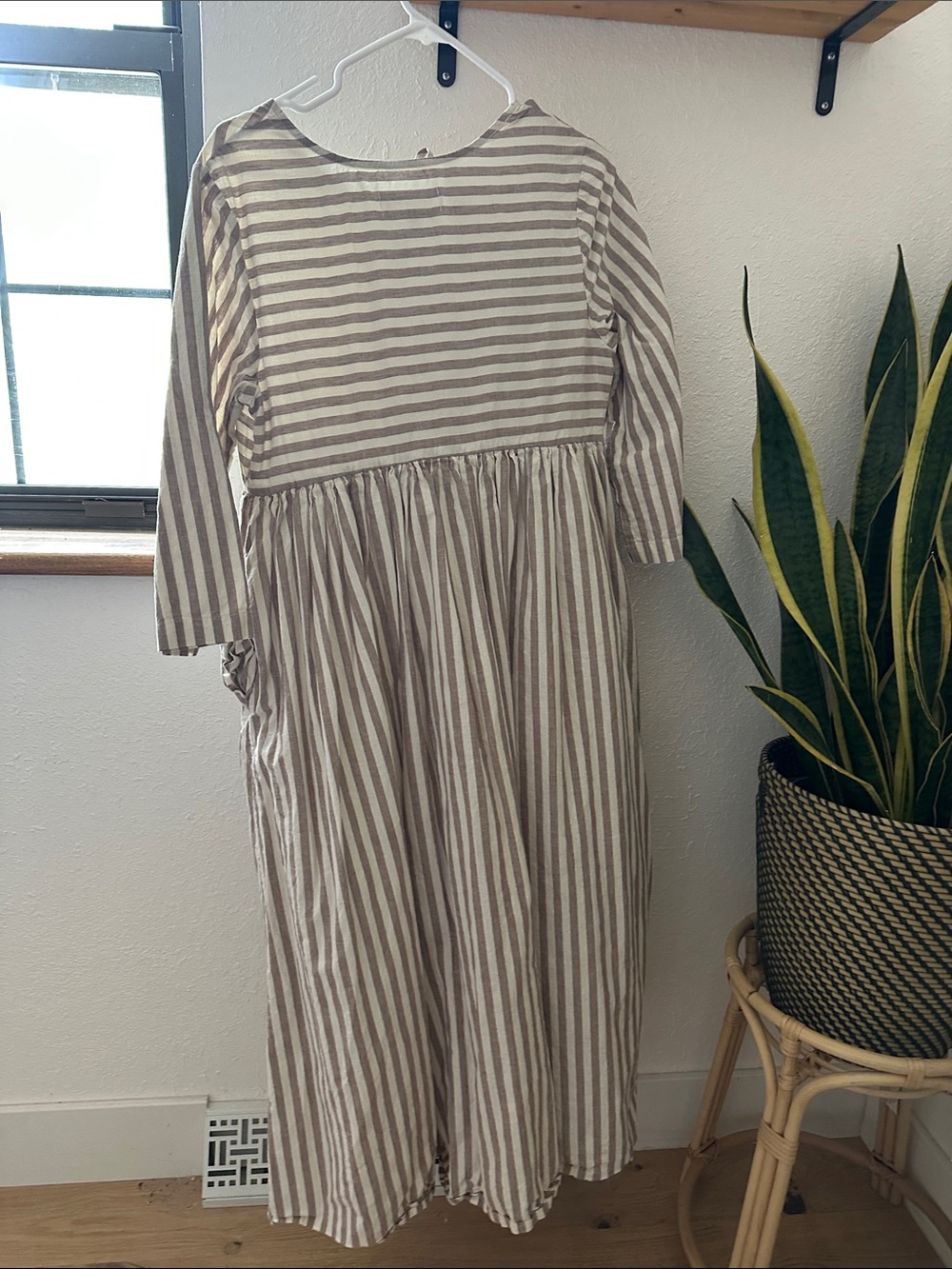 Tradlands Beige and White Striped Long Sleeve Midi Dress